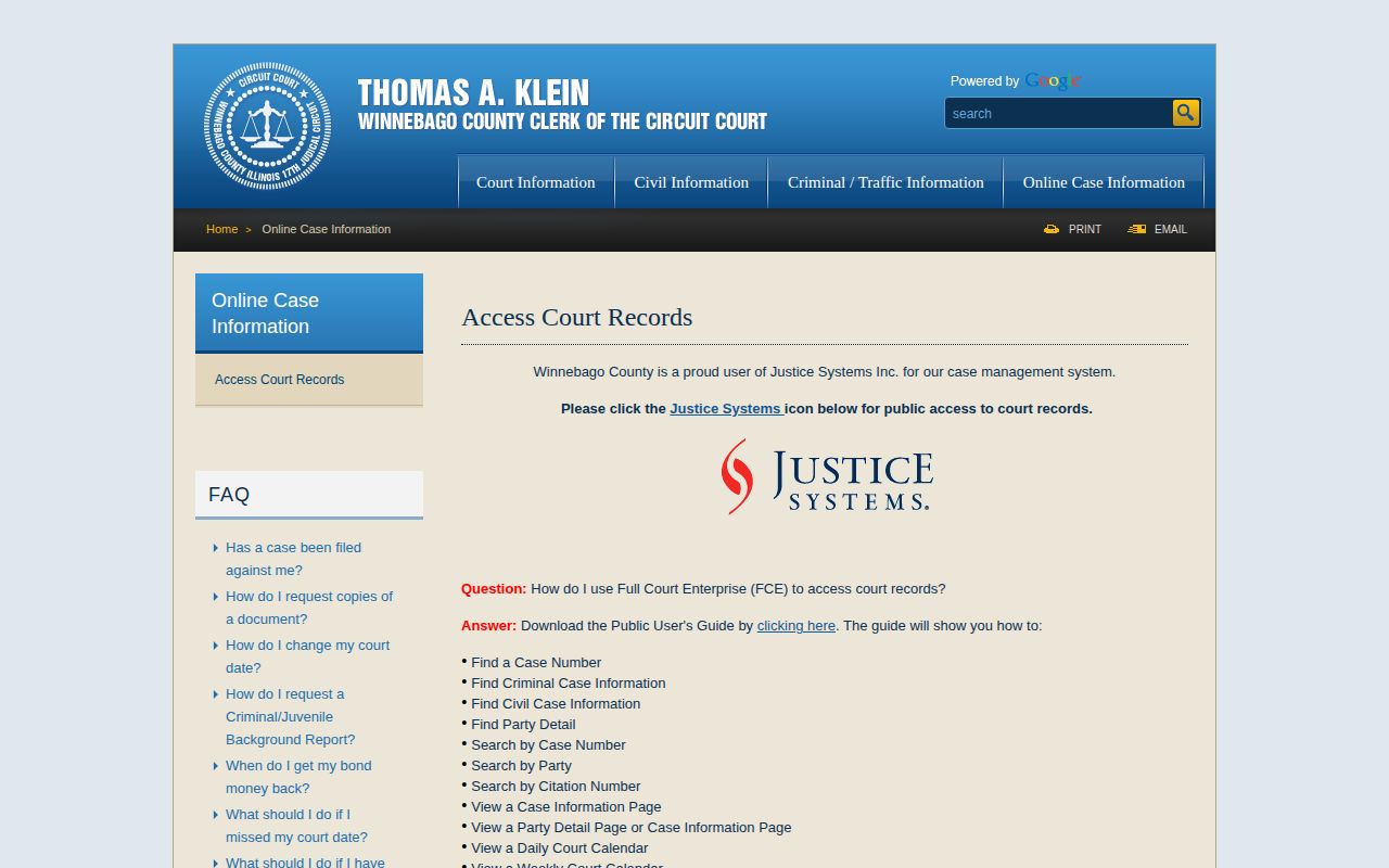 Winnebago County 72 hour release court record access