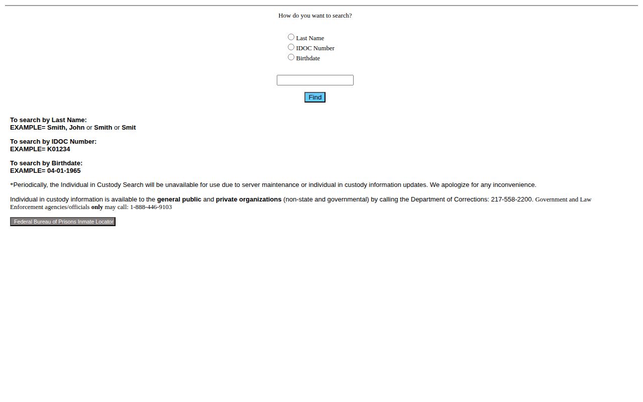Illinois Department of Corrections live search fields for custody and release records